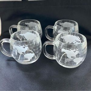 Vintage 70s Nestle Coffee Mugs Etched World Map, Set of 4 (B4)
